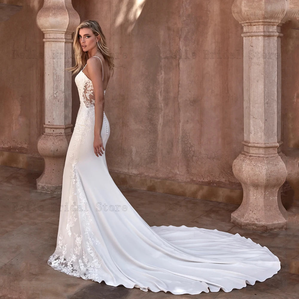 Eleganti spalline spaghetti abiti da sposa abiti da sposa a cuore a cuore appliques illusione sweep treno sirenane vestidos de nolia