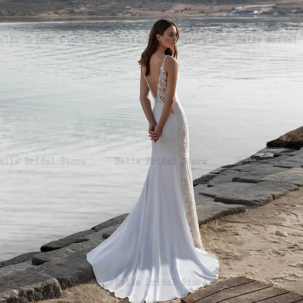 Vestidos de noiva clássicos de sereia para noiva V de pescoço sem mangas de noiva Apliques traslless sweee sweep vestidos de novia 2023