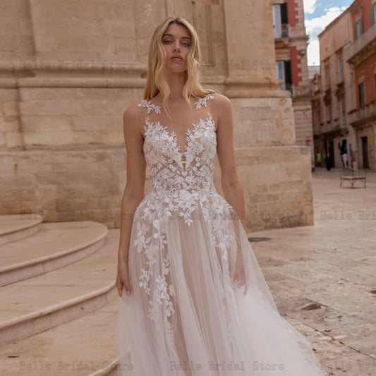 Classic A-line Wedding Dresses O Neck Illusion Bridal Growns Sleeveless Backless Applique Floor Length Tulle Vestidos De Novia