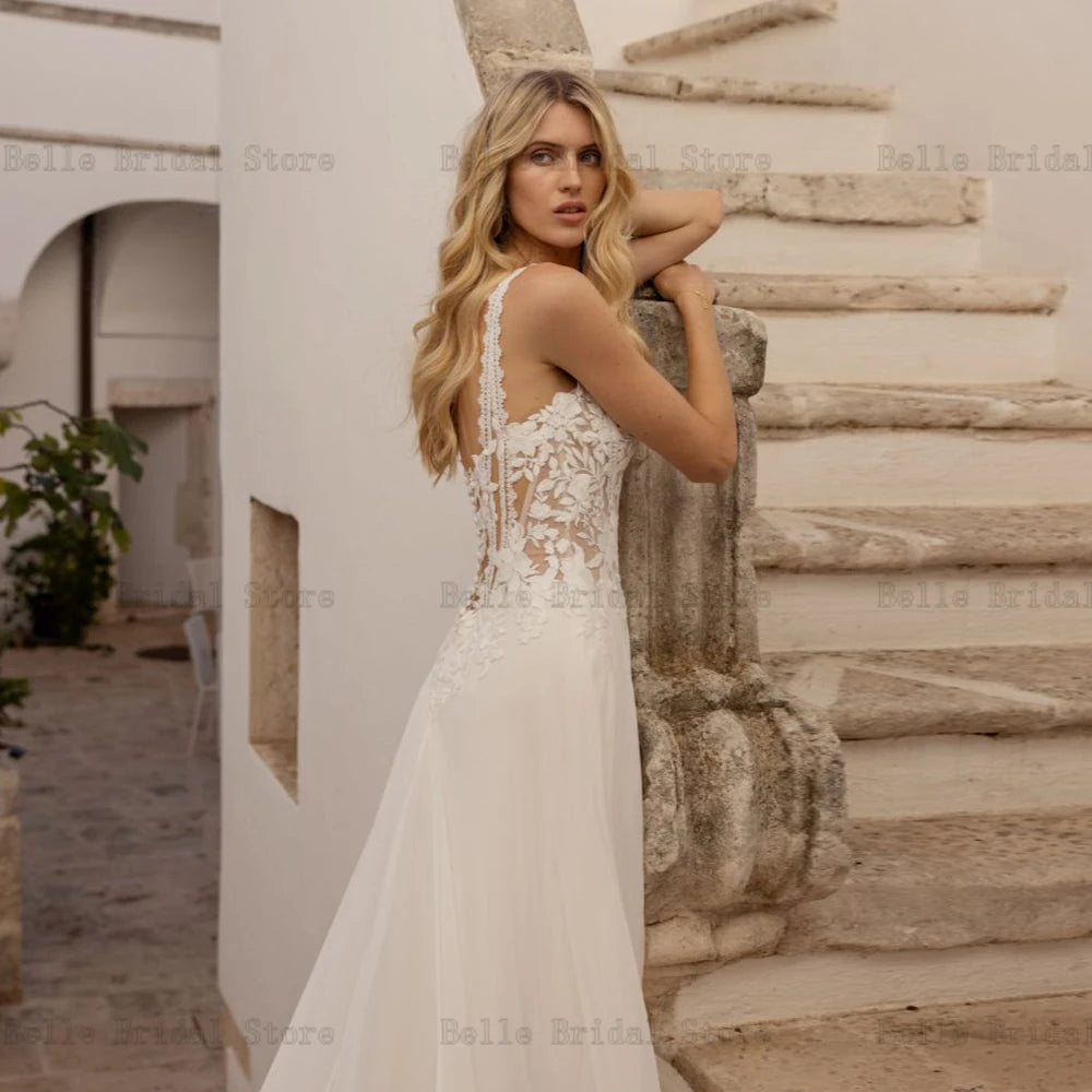 Sexy Chiffon Wedding Dresses Spaghetti Straps V Neck Bridal Growns Appliques Illusion Sweep Train A-line Vestidos De Novia 2023