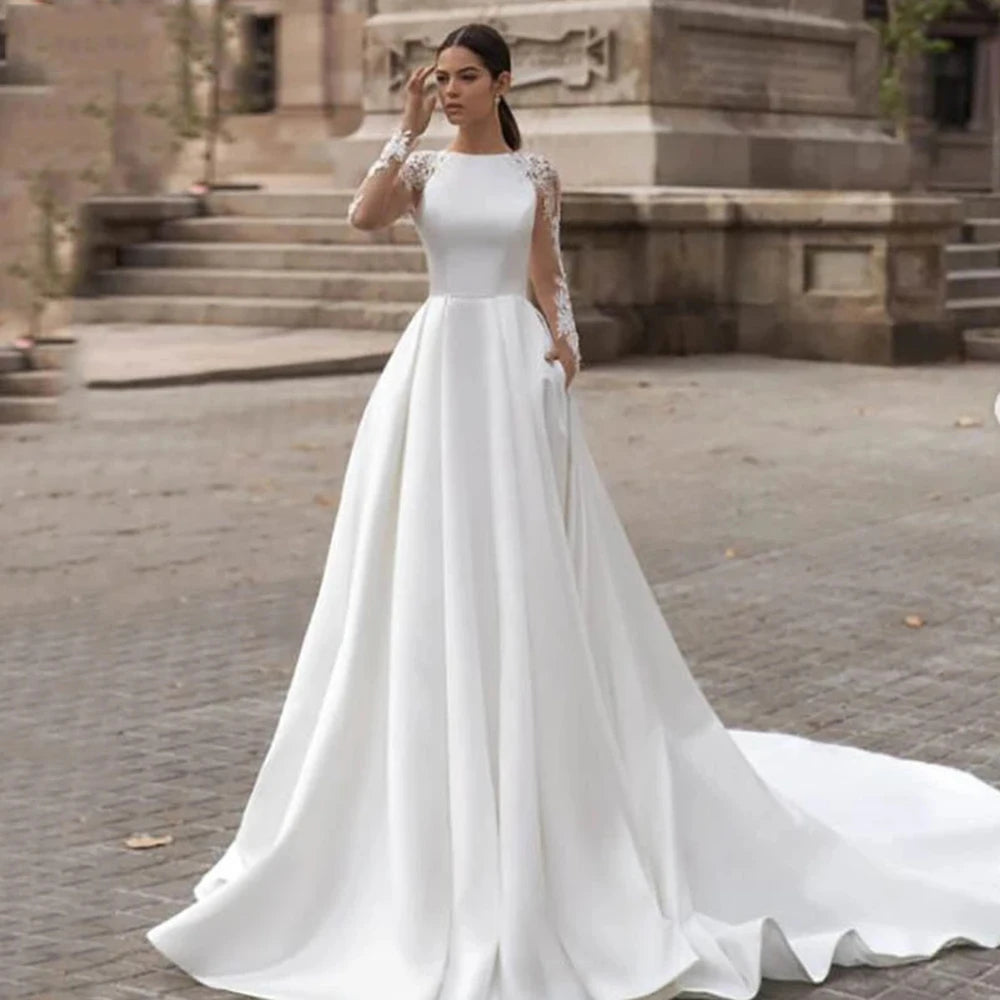 Elegante Satin -Brautkleider Langarm Spitze Braut Kleider Illusion Rücken zurückgezogener Vestido de Novia 2023 Einfache Frauenparty