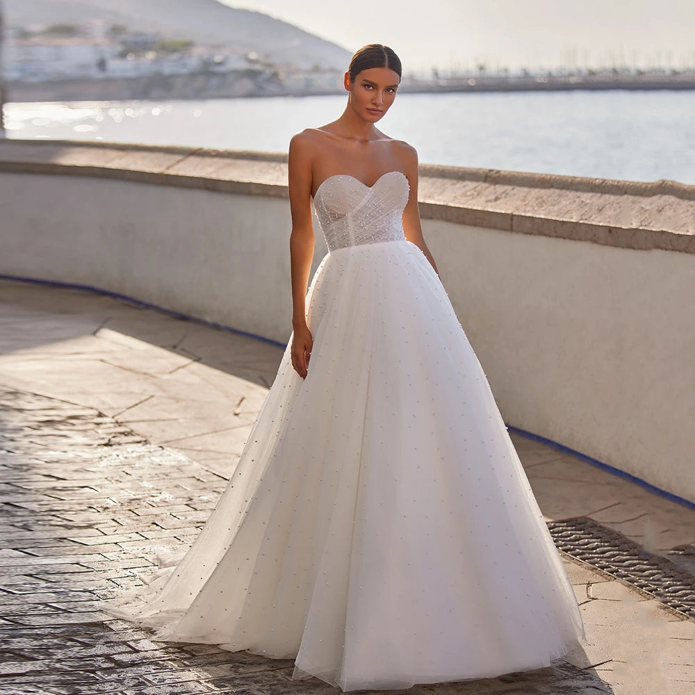 Elegant Pearls Tulle Wedding Dresses Sweetheat Neck A-line Bridal Growns Sleeveless A-Line Floor-Length Vestidos De Novia 2023