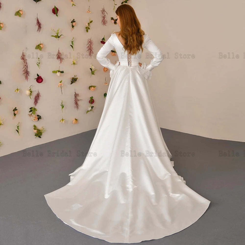 Princess Wedding Dresses V Neck Long Sleeves Bridal Gowns Pleat Back Lace Up Sweep Train A-Line Satin Vestidos De Novia 2024