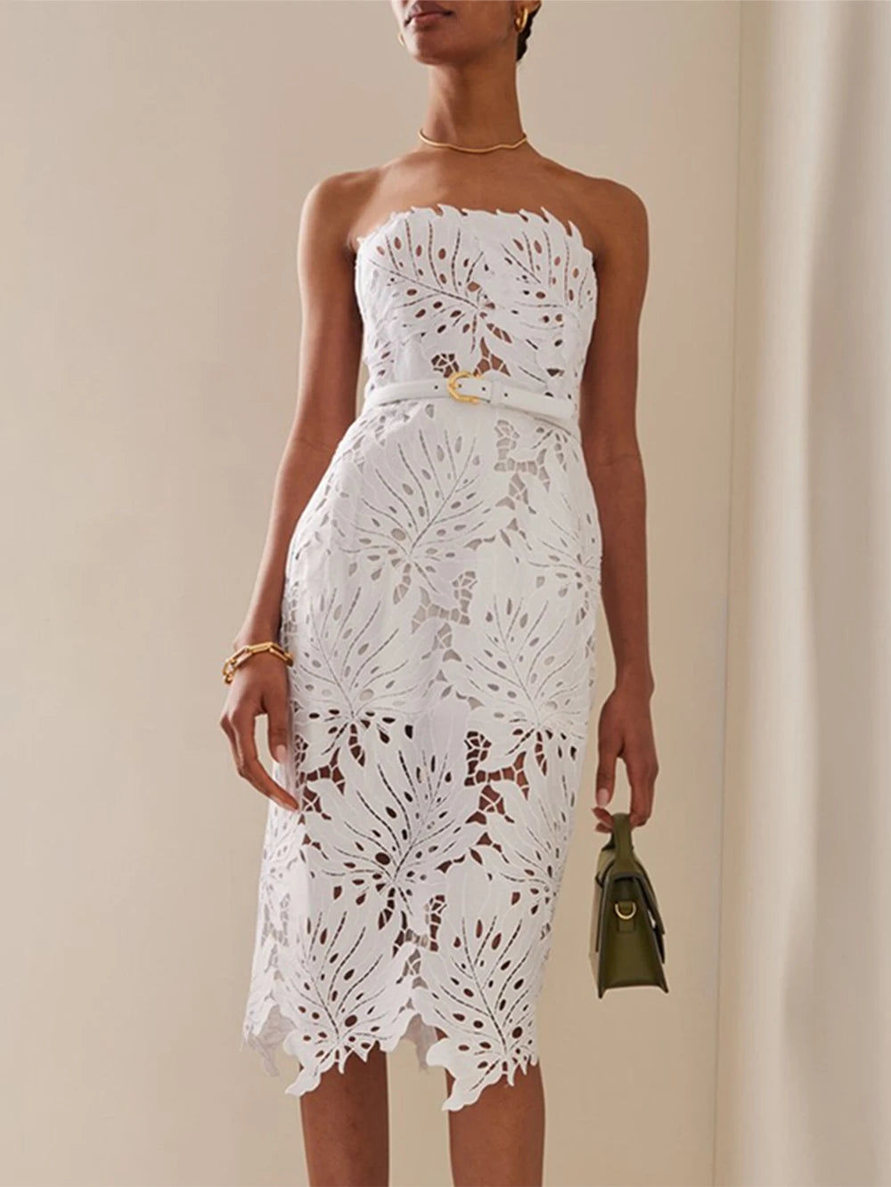 Modphy Elegant White Exquisite Embroidery Belt Strapless Knee Length Evening Dress 2023 Women'S Sleeveless Lace Party Outfit