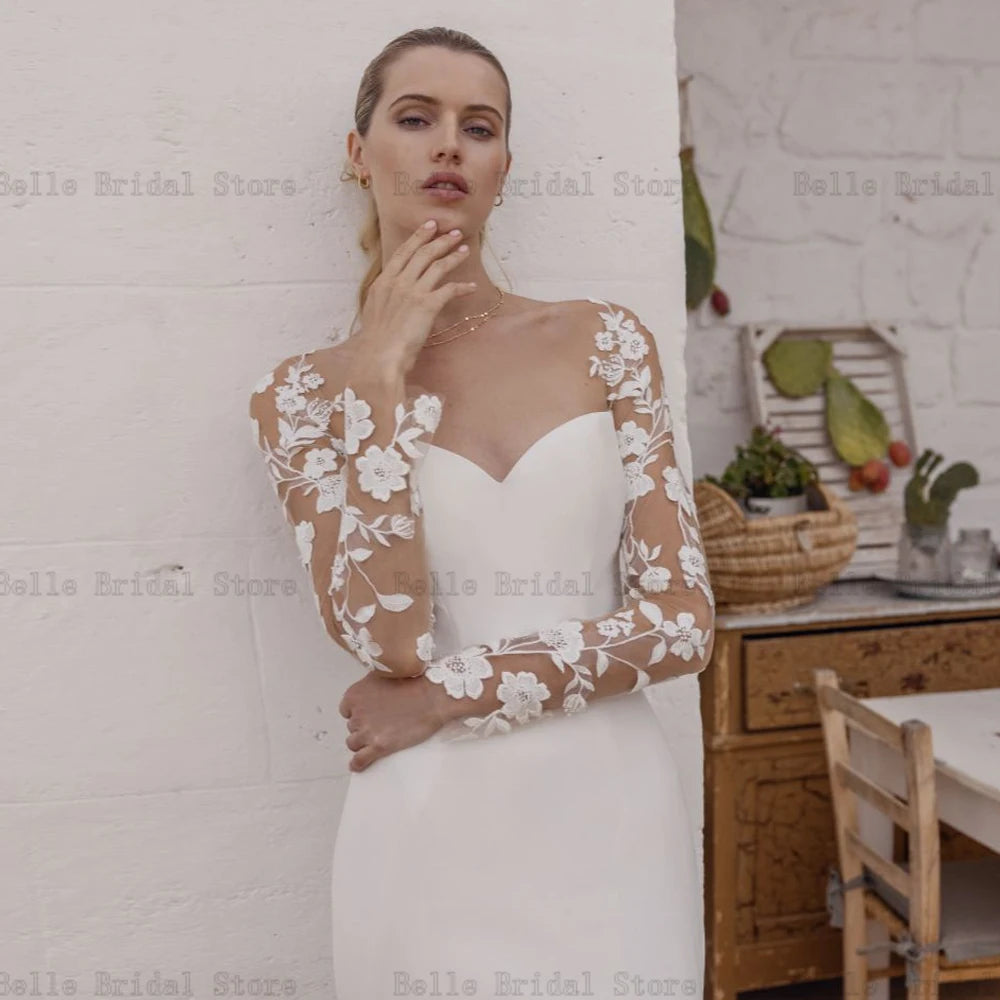 Elegante Meerjungfrau Brautkleider Herzförmiger Ausschnitt Lange Ärmel Brautkleider Appliques Bodenlangen Weiß Vestidos De Novia 2023