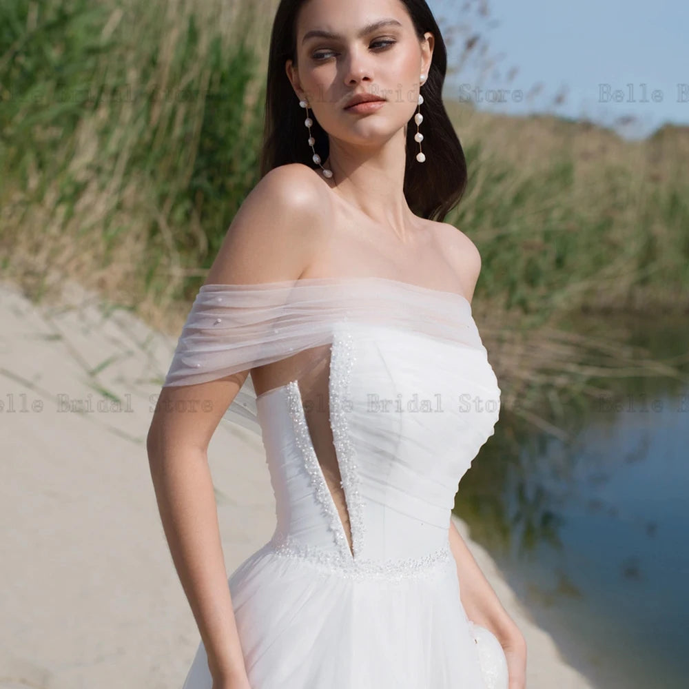 Sexy Off the Shoulder Wedding Dresses Sleeveless A-Line Bridal Gowns Beadings Sweep Train Front Slit Tulle Vestidos De Novia