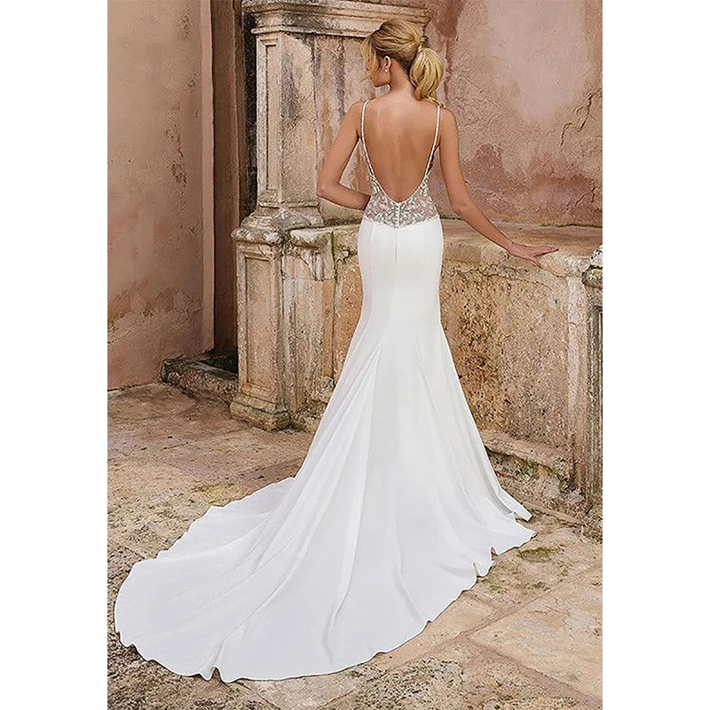 Semplice abito da sposa sirena 2024 Appliques in pizzo spaghetti Appliques sexy Abiti da sposa senza schienale a V Vestitido De novia