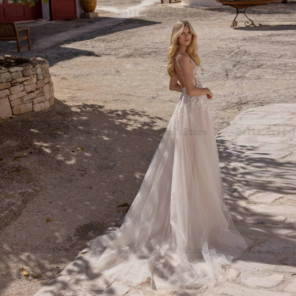 Vestidos de novia de marfil elegantes Correas de espagueti Cuerpo cuadrado Grows Growns Apliques Aplicados Tren de barrido A-Line Vestidos de Novia