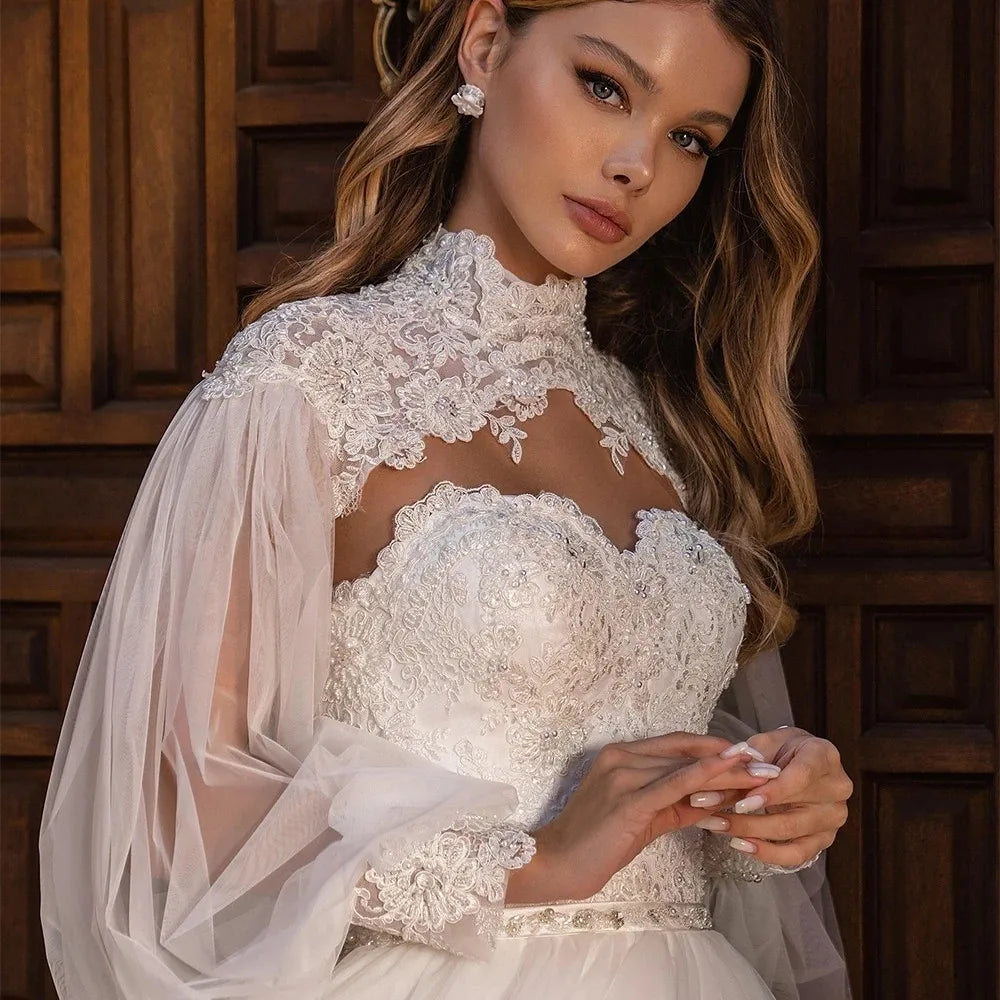 Robe de mariée en ligne à manches bouffantes de luxe pour mariée princesse dentelle en tulle