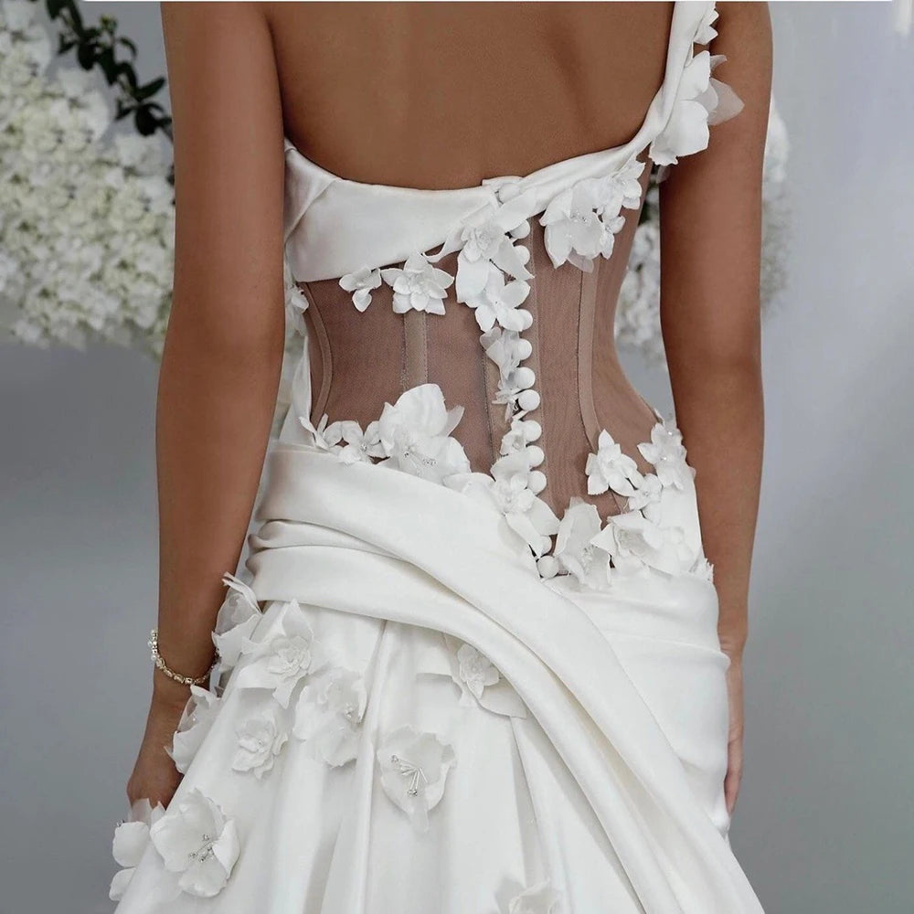 Abito da sposa in raso da sposa da sposa da sposa di una spalla Elegante Fiori 3D.