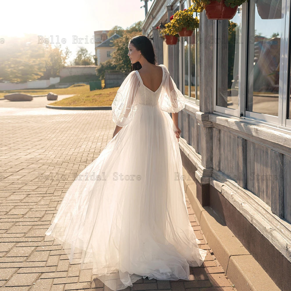 Simple White A-Line Wedding Dresses V Neck 3/4 Sleeves Tulle Bridal Growns Appliques Back Zipper Floor Length Vestidos De Novia