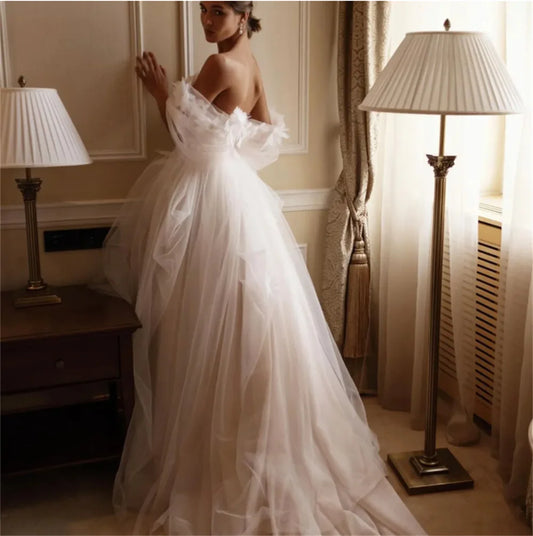 Schulterfreies A-Linien-Hochzeitskleid aus Tüll mit Prinzessinnen-Abschlussballkleid, florales Brautkleid, bodenlange Schleppe, Vestidos De Novia 2024