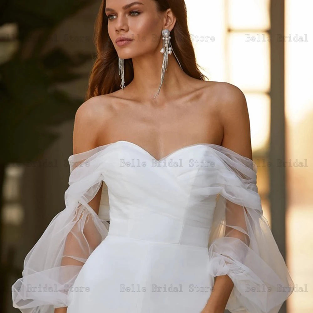 Elegant White Wedding Dresses Sweetheart Neck Long Sleeves Mermaid Bridal Growns Front Slit Floor Length Jersey Robe De Mariee