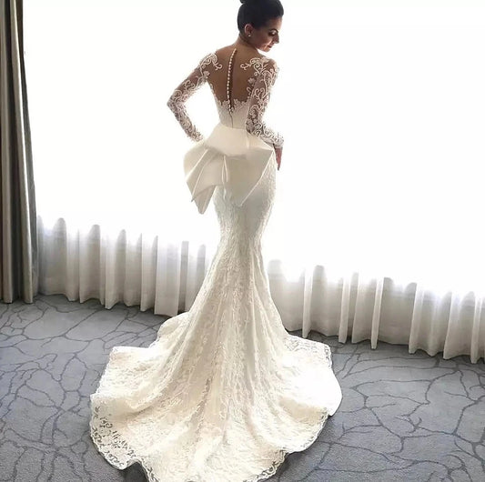 Luxury Women's Lace Wedding Dresses Detachable 2-Piece Set Gorgeous Decal Mermaid Long Sleeve Princess Formal Beach Bride Gowns