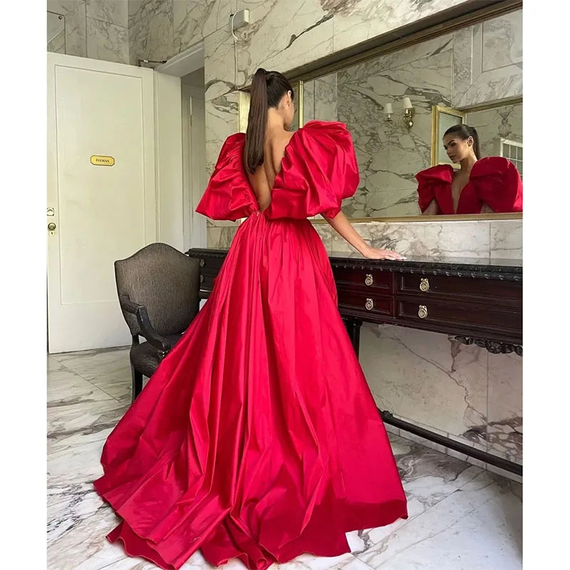 Sexy Red Taffeta Evening Dresses with Ruffles Hi-Lo V-Neck Prom Dress Asymmetrical Length Party Dresses for Women