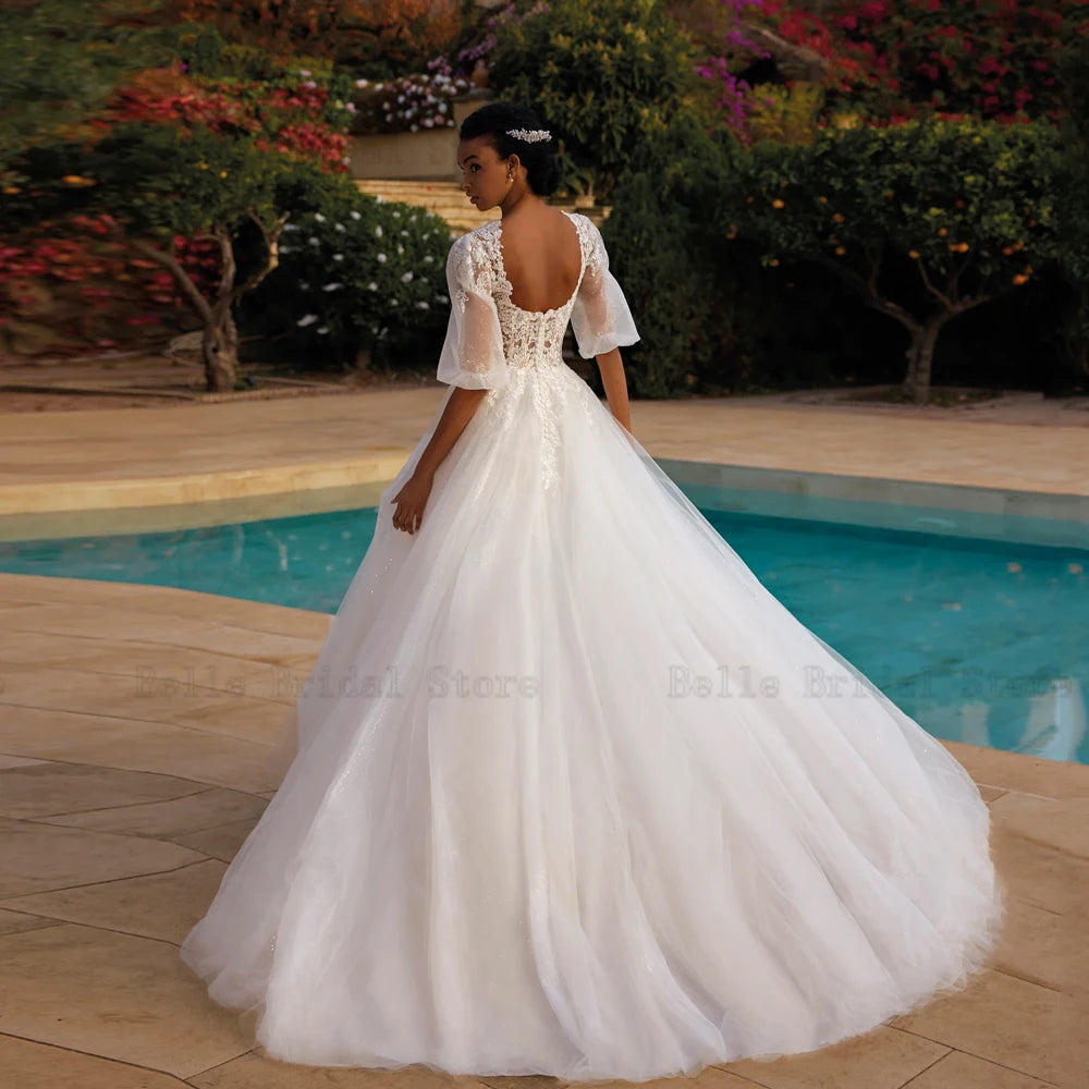 Eleganti abiti da sposa a V sul collo Mezze maniche abiti da sposa Appliques Abbattina Lunghezza pavimento a un tulle a linea Vestidos de nobu 2024