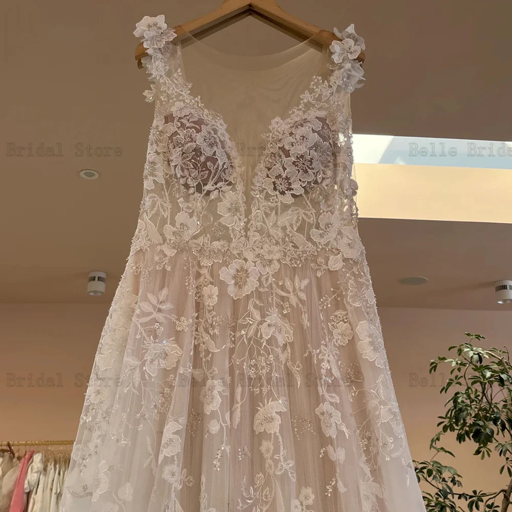 Vestidos de noiva requintados Jóia de jóia com mangas de noiva Apliques de tule no chão tule A-line Robe de mariee 2023