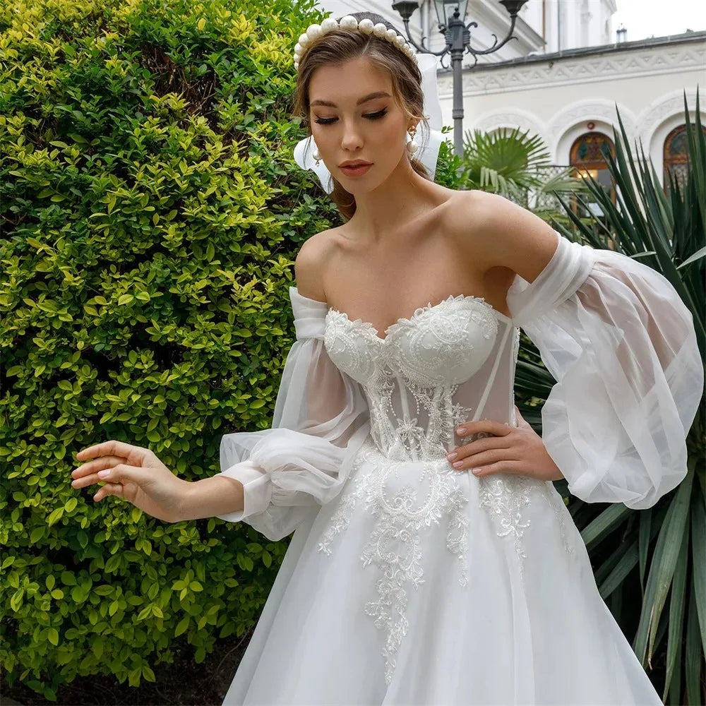 Princesa A Line Wedding Vestidos para mujeres manga de hojaldre apliques con cordones sin tirantes brotados elegentes bata de mariée