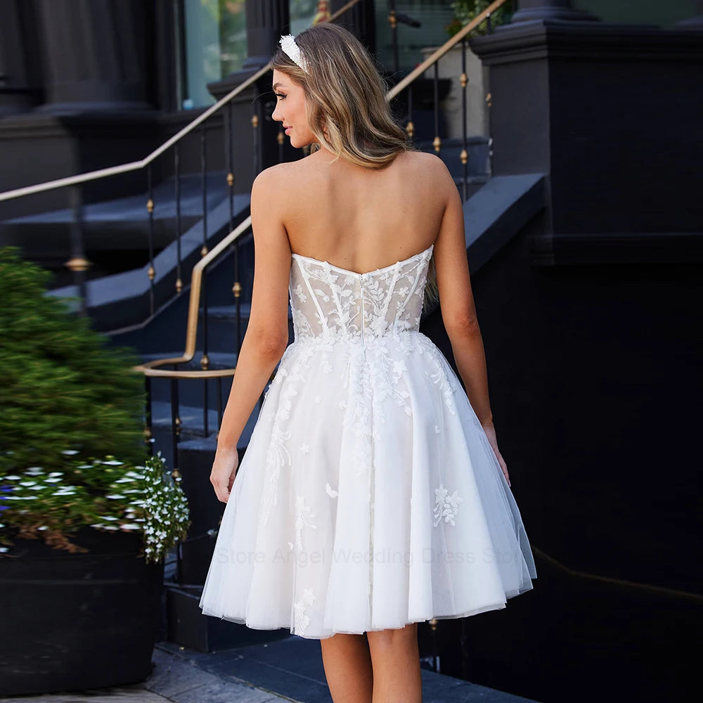 ANGEL Short Wedding Dress Lace Sweetheart Bride Party Zipper Backless Princess Bridal Gown Off Shoulder Beach Robe De Mariee