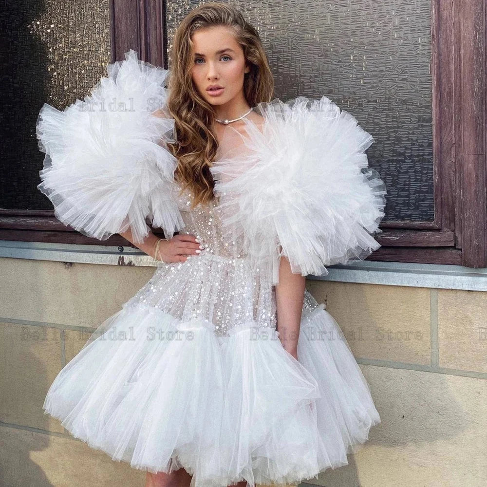 Elegante kurze Brautkleider Herzausschnitt Brautkleider Perlenhochzeit After-Party Tutu-Kleid A-Linie Tüll Robe De Mariee 2023