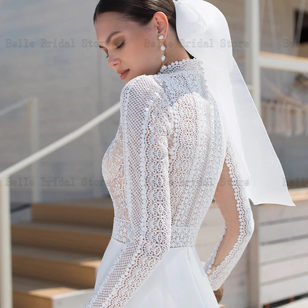 Elegante Meerjungfrau Brautkleider für die Braut High Neck Langarm Brautkleider Spitze Sweep Zug Frontschlitz Vestidos De Novia 2024