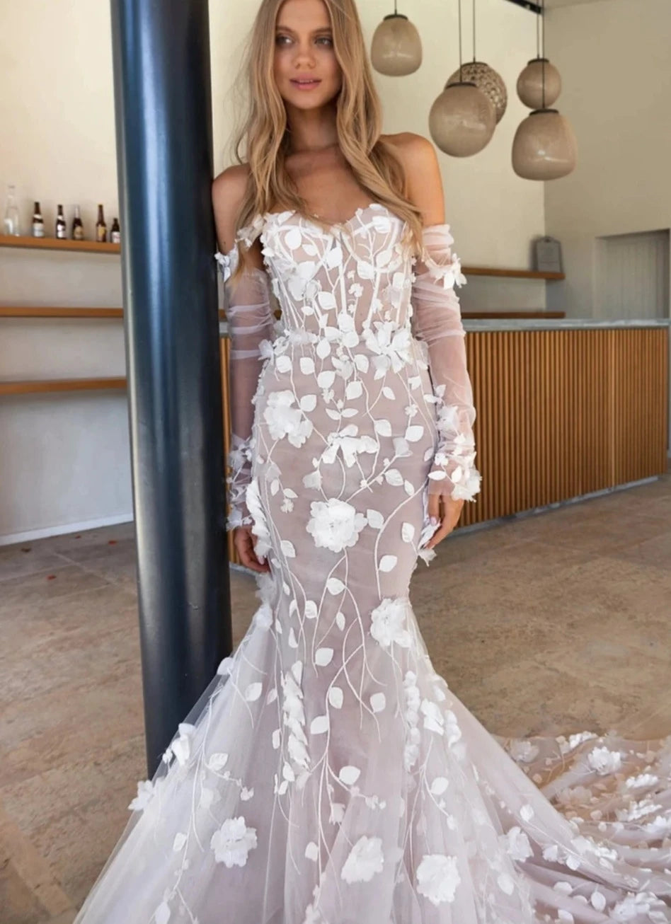 Lange Ärmel Off Schulter Brautkleider 2024 Boho Elegante 3 D Spitze Meerjungfrau Brautkleider Vestidos De Novia