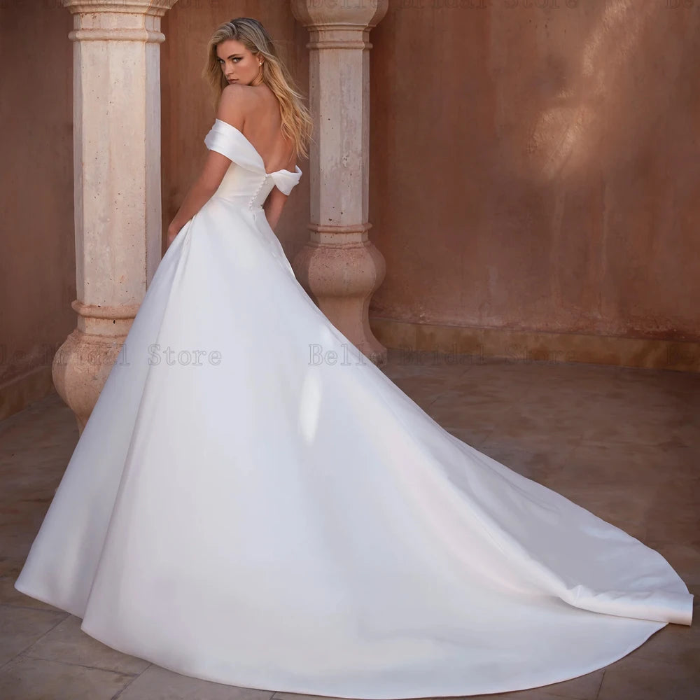 Elegant Off Shoulder Wedding Dresses Sweetheart Neck Sleeveless Bridal Gowns Sweep Train A-Line Satin Vestidos De Novia 2024