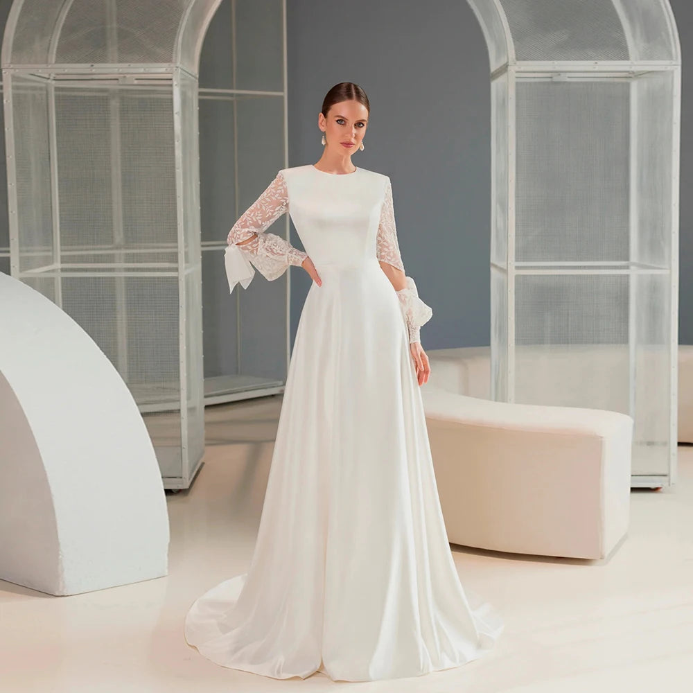 Elegante weiße Brautkleider O-Ausschnitt, lange Ärmel, Brautkleider mit Applikationen auf der Rückseite, Reißverschluss, Sweep-Schleppe, A-Linie, Vestidos De Novia 2023