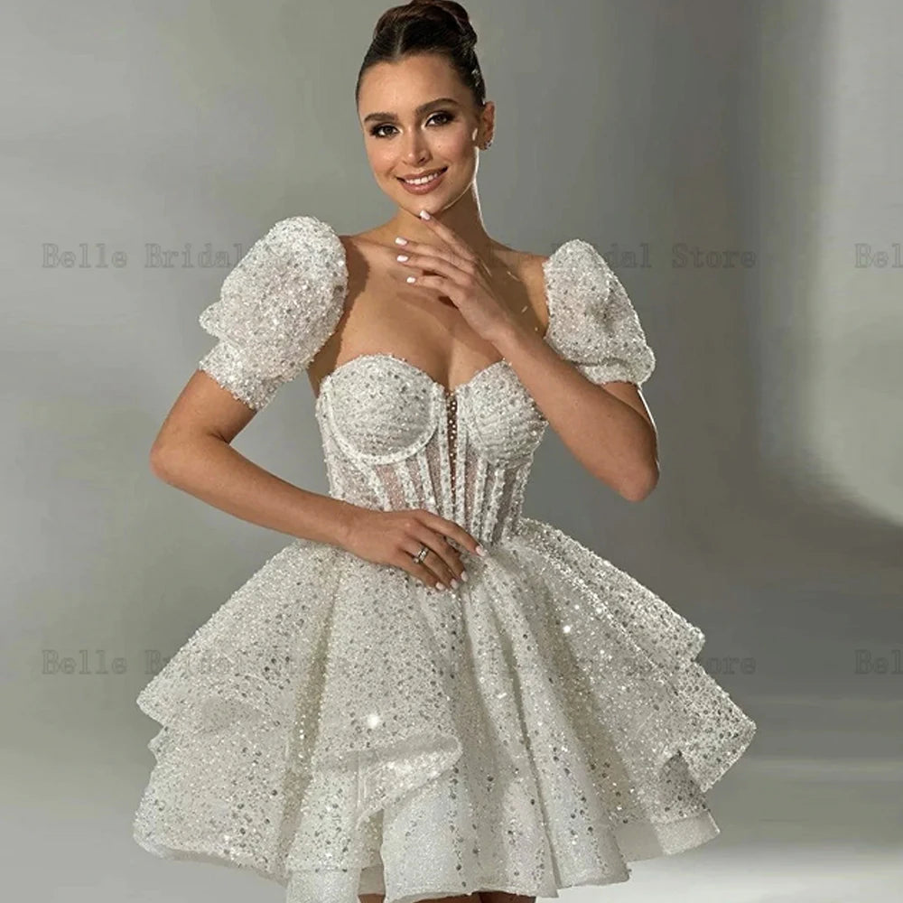 Glitter Short Wedding Dresses Sweetheart Neck Short Puff Sleeves Bridal Growns Sequin Pearls Above Knee A-line Vestidos De Novia