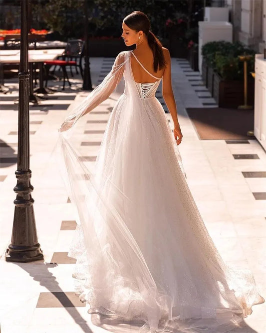 Exquisite One Shoulder Shiny Wedding Dresses Beading Sequins High Split Bride Dress Backless Lace Up Vestido De Novia