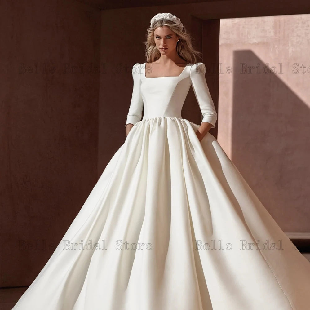 Princess A-Line Wedding Dresses Square Neck 3/4 Sleeve Elegant Bridal Gowns Bow Back Button Floor Length Satin Vestidos De Novia