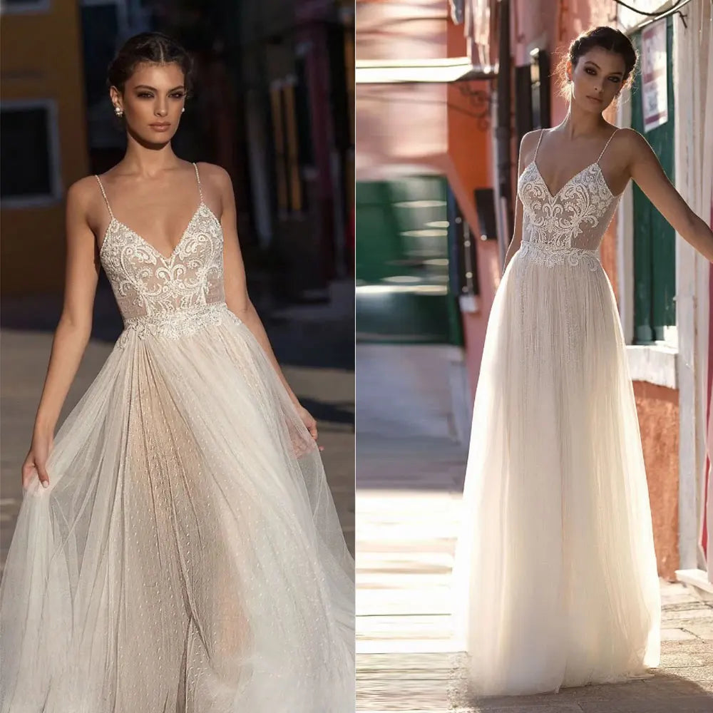 Semplice filato bianco abiti da sposa una linea spaghetti cinghia sweep treno in pizzo applique spiaggia abiti illusione abito da sposa a buon mercato