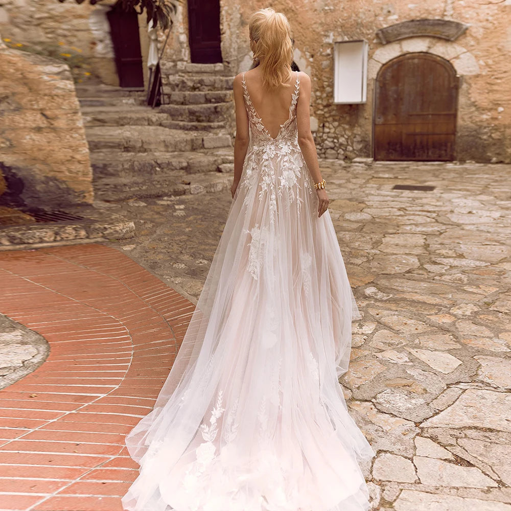 Splendidi abiti da sposa in tulle senza maniche per donne sposate da spicco con fiori bianchi Vestitidos de nolia senza schiena