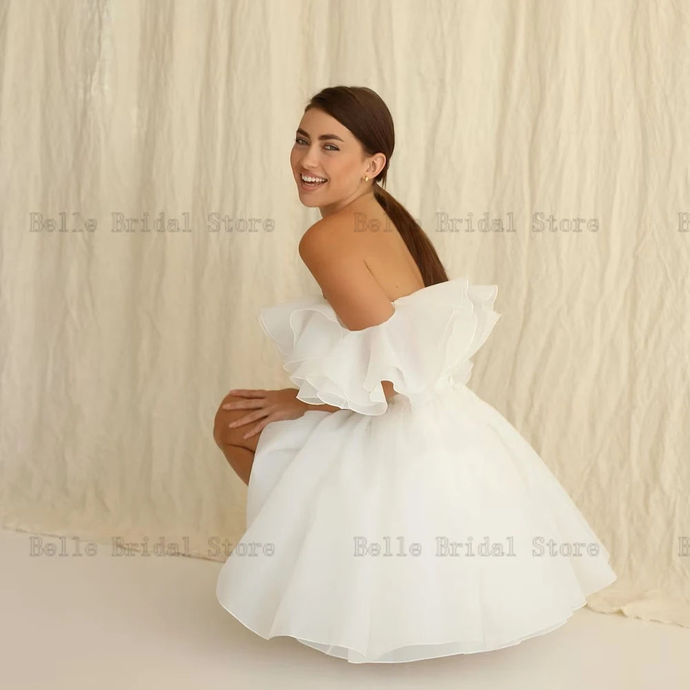 Semplici abiti da sposa corti Corta di barche fuori dagli abiti da sposa delle spalle sopra il ginocchio a-line mini organzavestidos de nolia