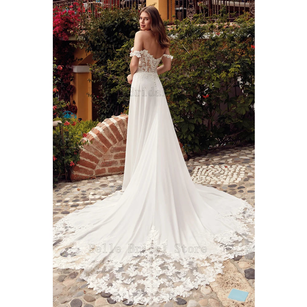 Abiti da sposa classici Off a spalla Sweetheart Chiffon Abiti da sposa APPLICI PULLA STRADA A-LINE SWEEP TRENG DE MARIEE