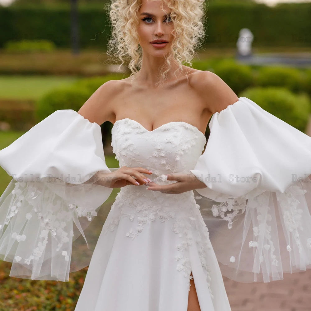 Moderne Brautkleider Herzförmiger Ausschnitt Lange Puffärmel A-Linie Brautkleider Applikationen Sweep Schleppe Frontschlitz Vestidos De Novia