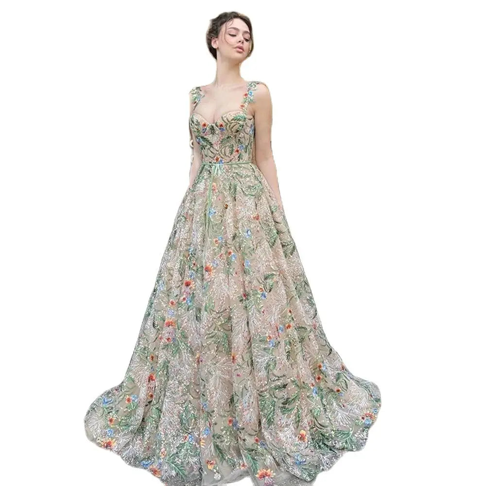 Charming Garden Prom Gowns Lace Evening Dresses Flowers Birthday Party Dress Sweetheart with Straps Robe de Soiree Sleeveless