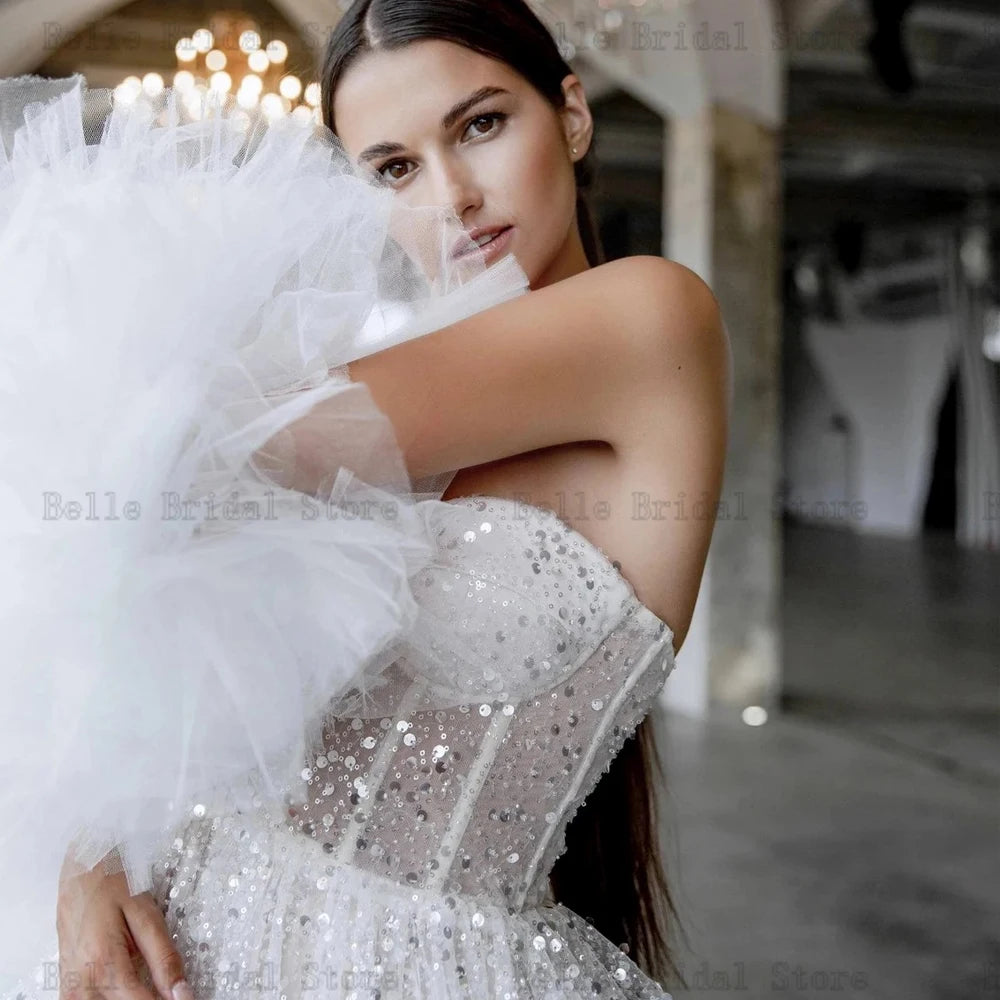 Elegantes vestidos de novia cortos de novia de novia de vecinos de novia de la perla Boda después de la fiesta Tutu Vestido A-Line Tulle Robe de Mariee 2023