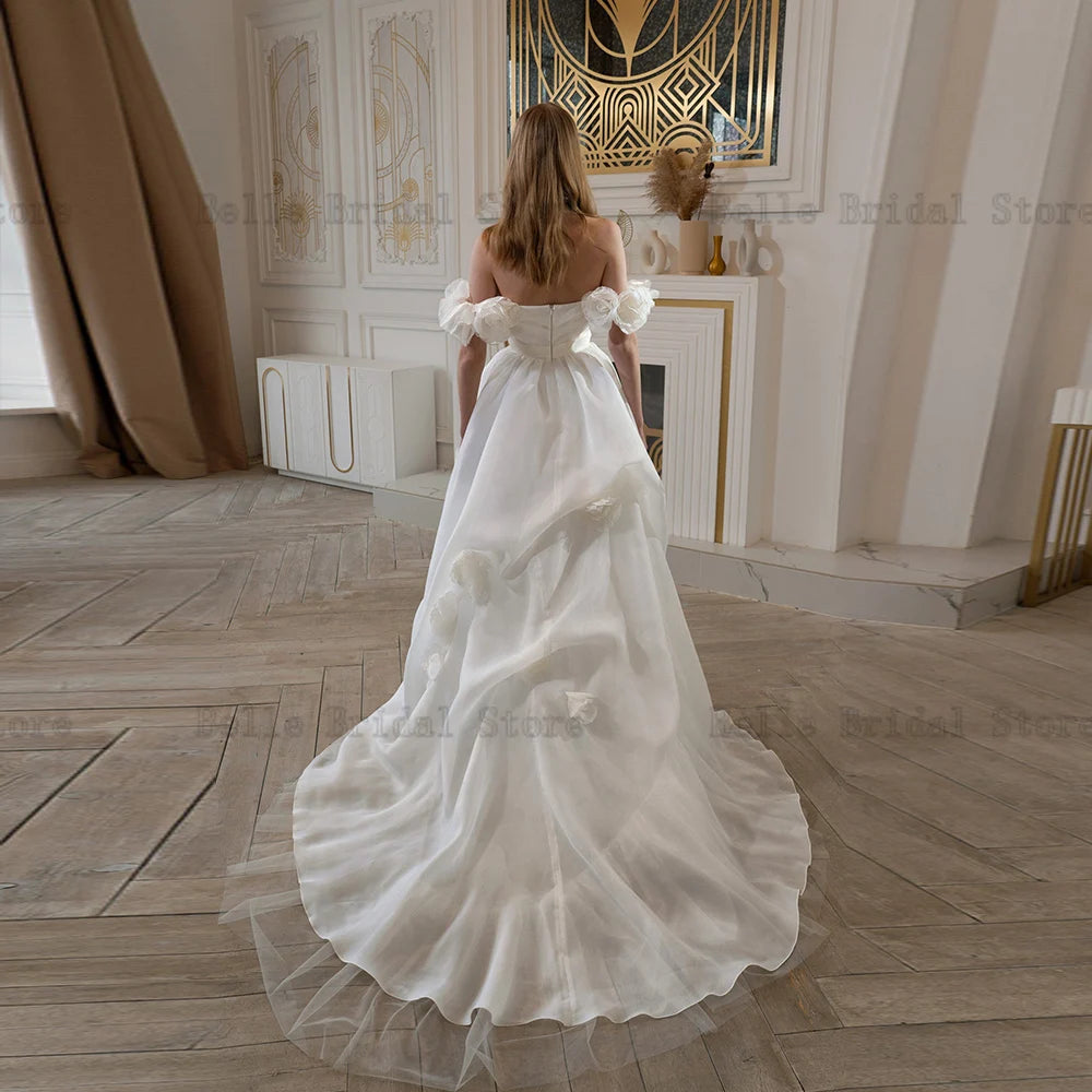 Elegant Off Shoulder Wedding Dresses Sweetheart Neck Bridal Gowns Flowers Back Zipper Sweep Train A-Line Vestidos De Novia 2023