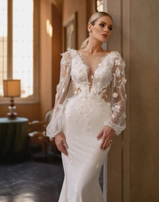 BRIDAL Long Sleeves Mermaid Deep V Neck Wedding Dresses for Women Floor Length Lace Appliques Prom Dress Vestidos De Novias