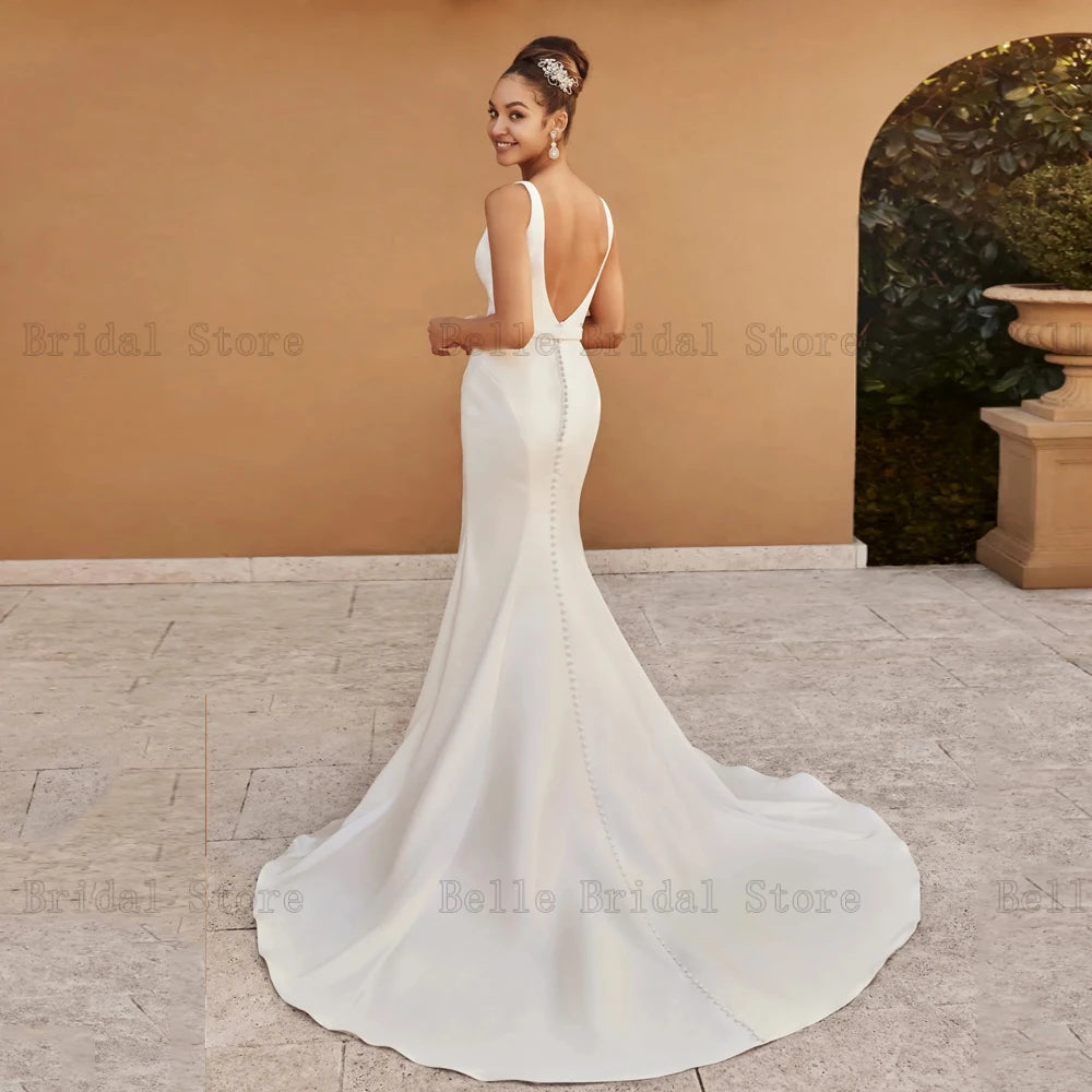 Simple Mermaid Wedding Dresses V Neck Sleeveless Bridal Gowns Backless Sweep Train Front Slit Mermaid Vestidos De Novia 2024