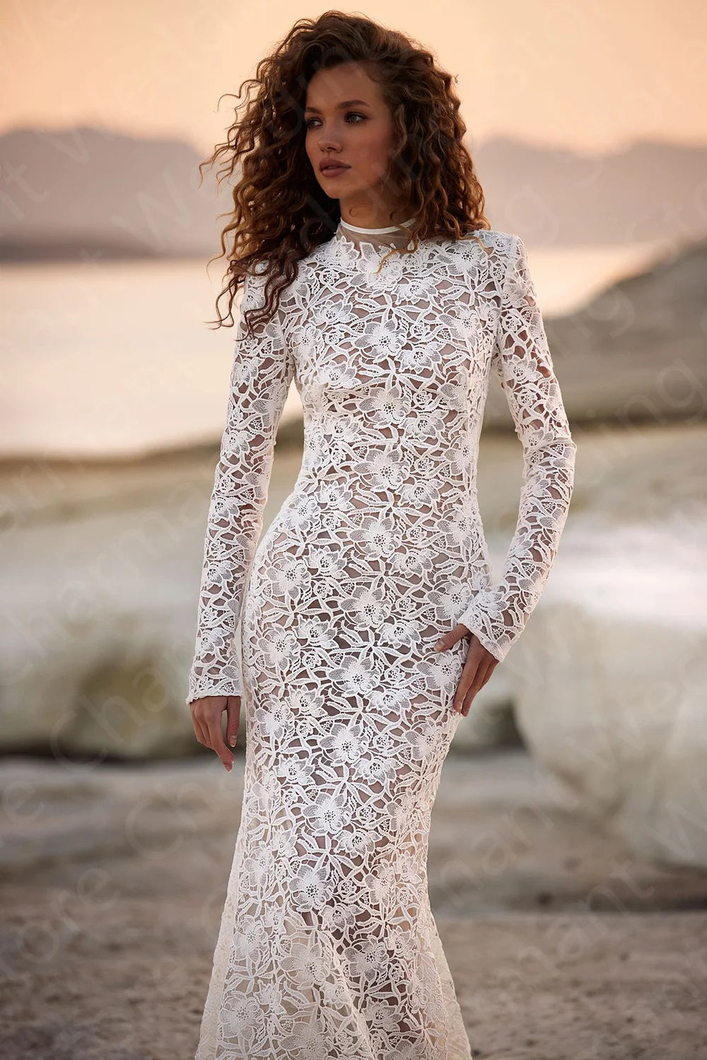 Charming Latest Mermaid Wedding Dresses Lace 2024 Bridal Gowns Long Sleeve High Collar Wedding Gowns Bare Back Robe de mariée