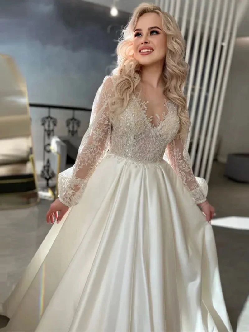 Abiti da sposa di lusso per donne in raso abiti da sposa a-line appliques in pizzo abiti eleganti maniche a sbuffo lunghe Vestidos de noni 2023