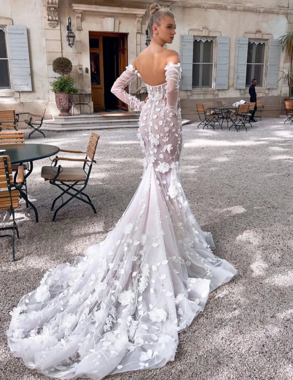 Long Sleeves Off Shoulder Wedding Dresses 2024 Boho Elegant 3 D Lace Mermaid Bridal Gowns Vestidos De Novia