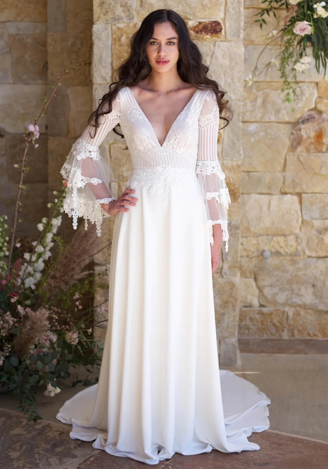 Sexy Deep V Neck Boho Wedding Dress With Lace Bodice Elegant Layered Sleeves Backless A Line Maxi Bridal Gown