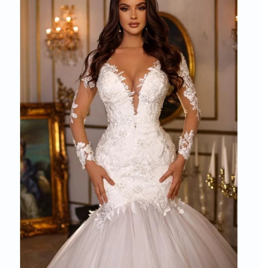 Romantic white wedding dress with tulle applique V-neck long sleeve formal mermaid floor-length bride dress فساتين للحفلات الراق