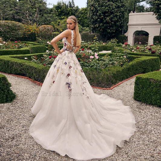 Flowers Wedding Dresses V Neck Sleeveless Bridal Gowns Illusion Floor Length A-Line Tulle Vestidos De Novia