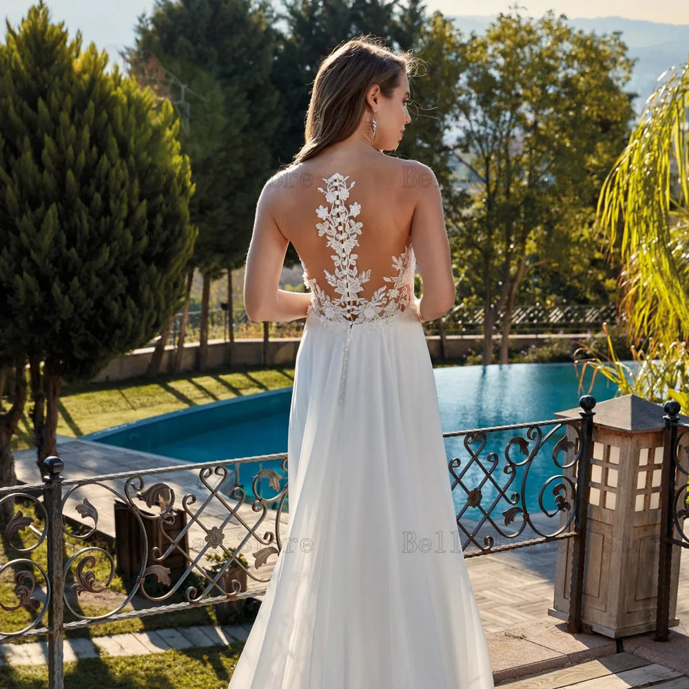 Robes de mariée en mousseline de mousseline élégante V couche sans manche robes de mariée en arrière appliques perles balayez le train A-line свадебное платье 2023