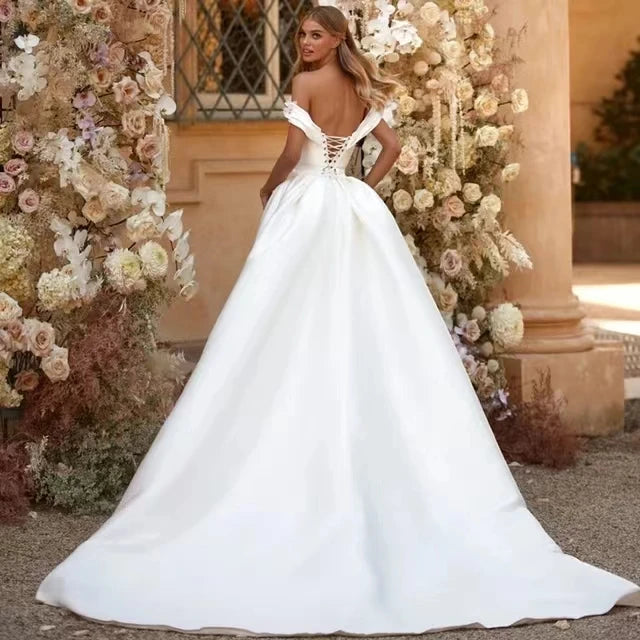 Off the Schulter Satin Frauen lange Kleider 2 Stück Meerjungfrau Stoff 3d Blüten romantische Hochzeit mit abnehmbarem Zug