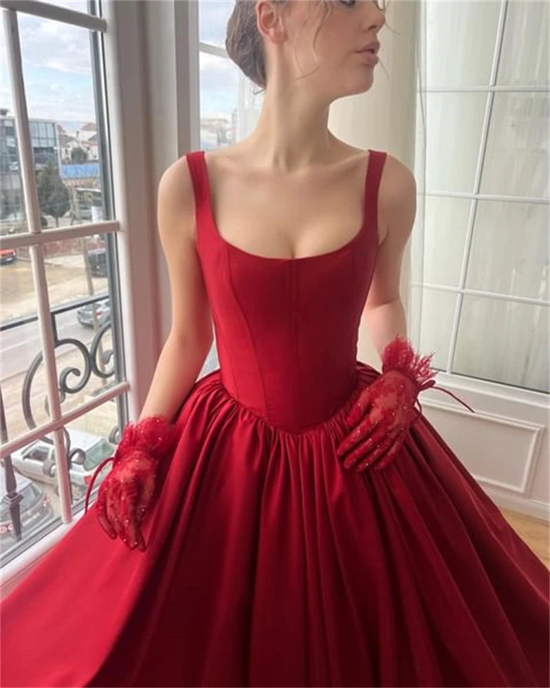 Red Sleeveless Satin Evening Dresses Slit Square Neck A Line Bride Gowns Formal Prom Dress Floor Length Women Wedding Guest Gown